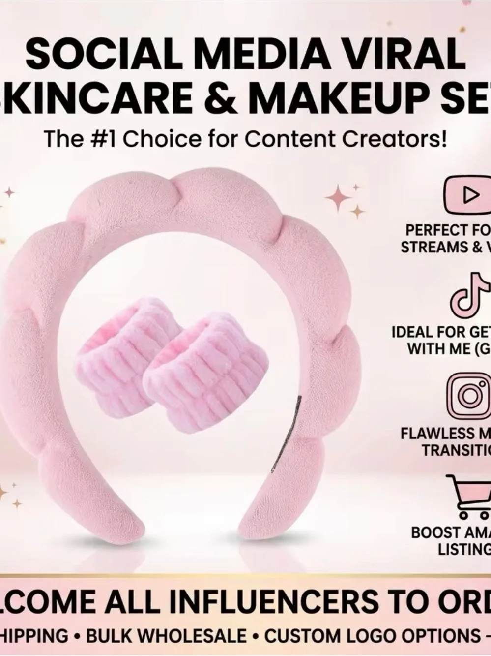 Plush Pink Headband and Matching Wristbands Set - Soft Hair Accessory